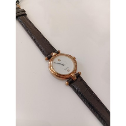 VINTAGE Lanvin γυναικείο ρολόι με επίχρυσο καντράν και μαύρο δερμάτινο λουράκι (VIN08)